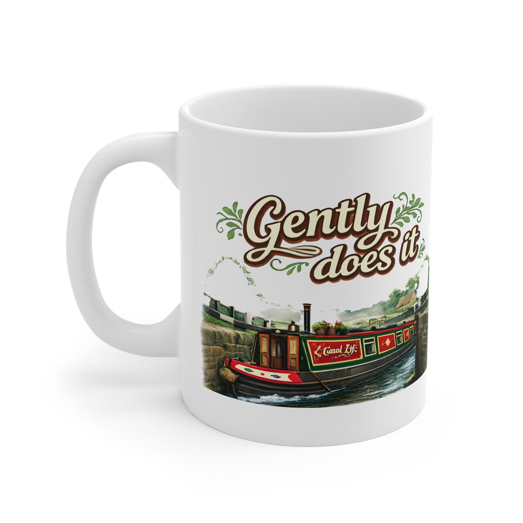 Gently Does It Canal Boat Mug — Scenic Narrowboat Tea Coffee Cup Printify