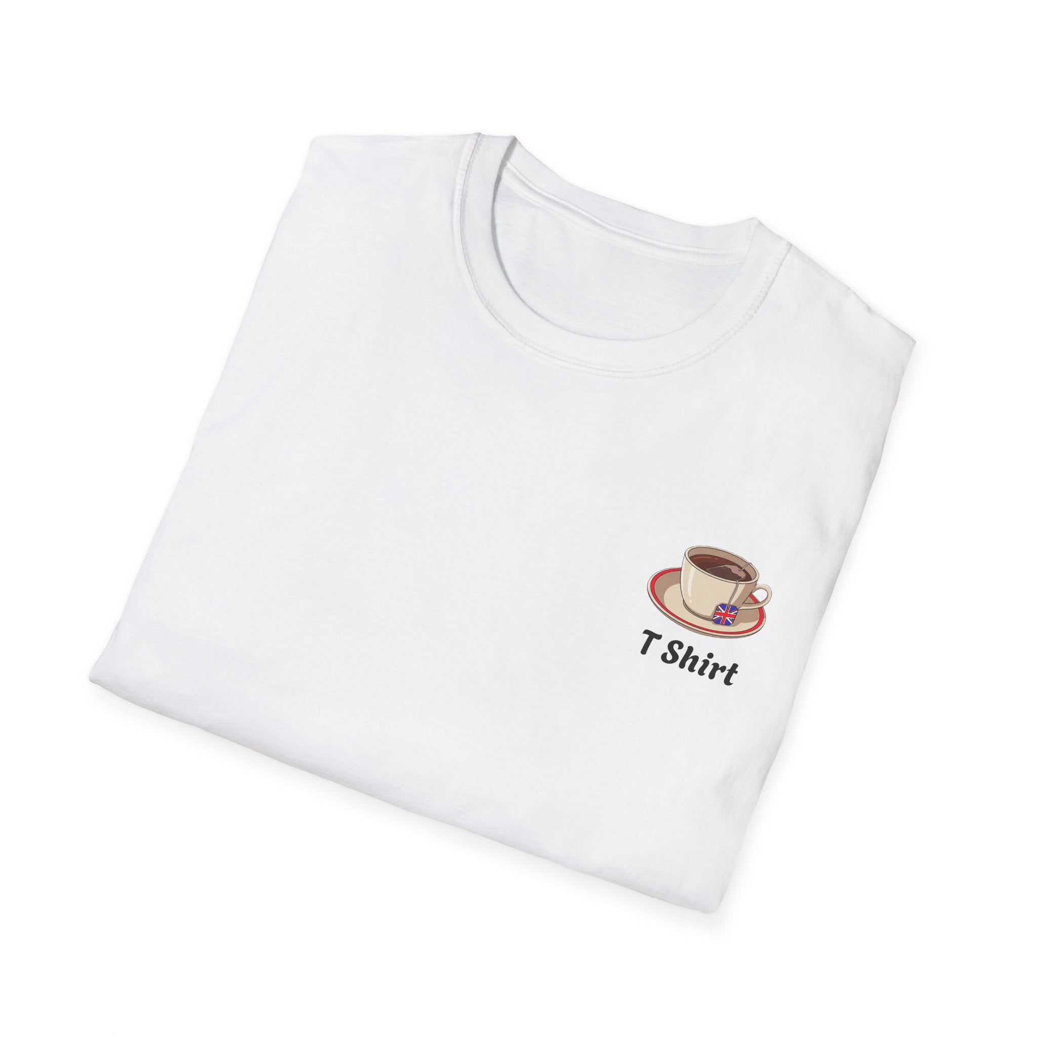 Folded White t-shirt with a graphic  cup og english tea design on a white background
