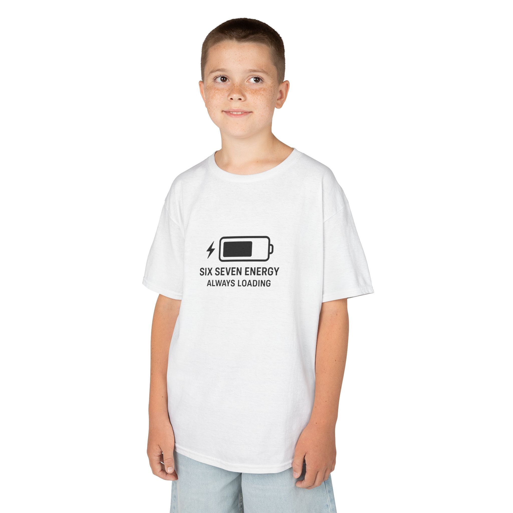 Child wearing a white t-shirt with a six seven graphic and text on a white background