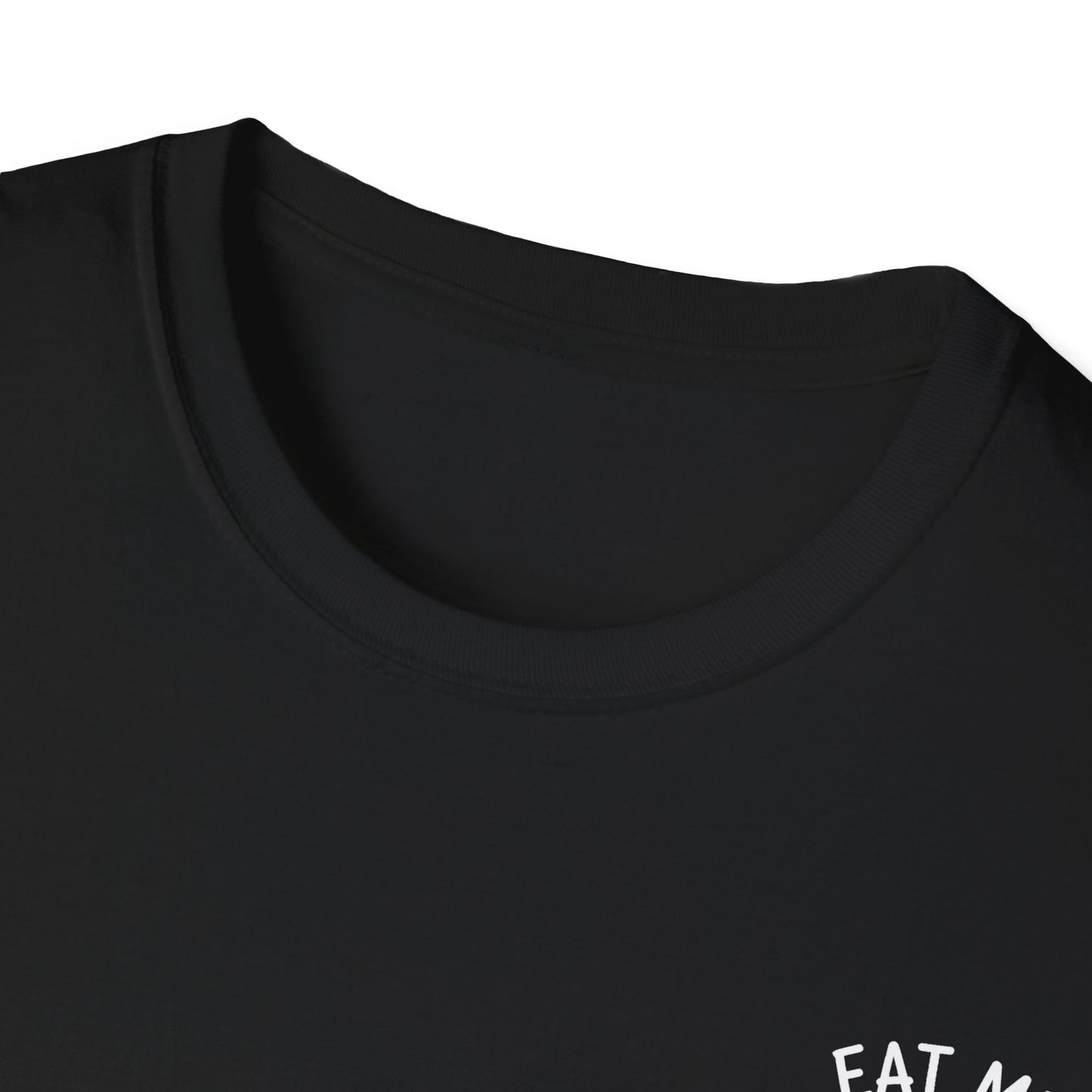 Close-up of a black t-shirt with text on a white background