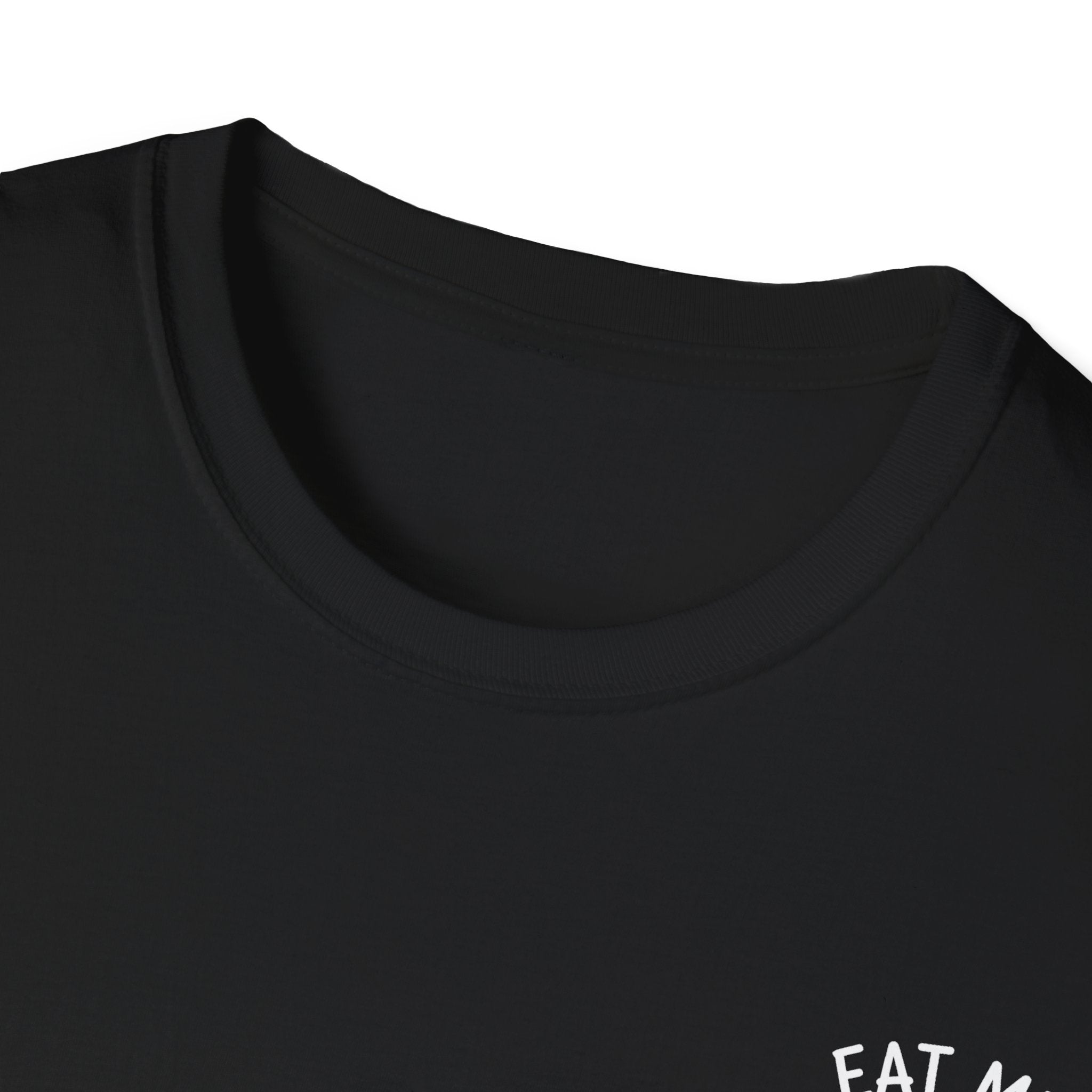 Close-up of a black t-shirt with text on a white background