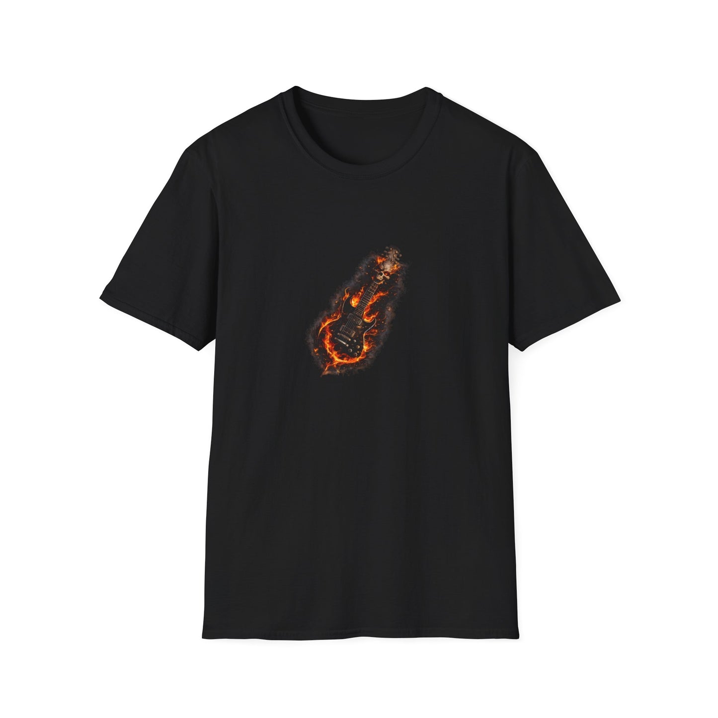 Flaming skull guitar heavy metal design with fire flames wrapping around electric guitar body