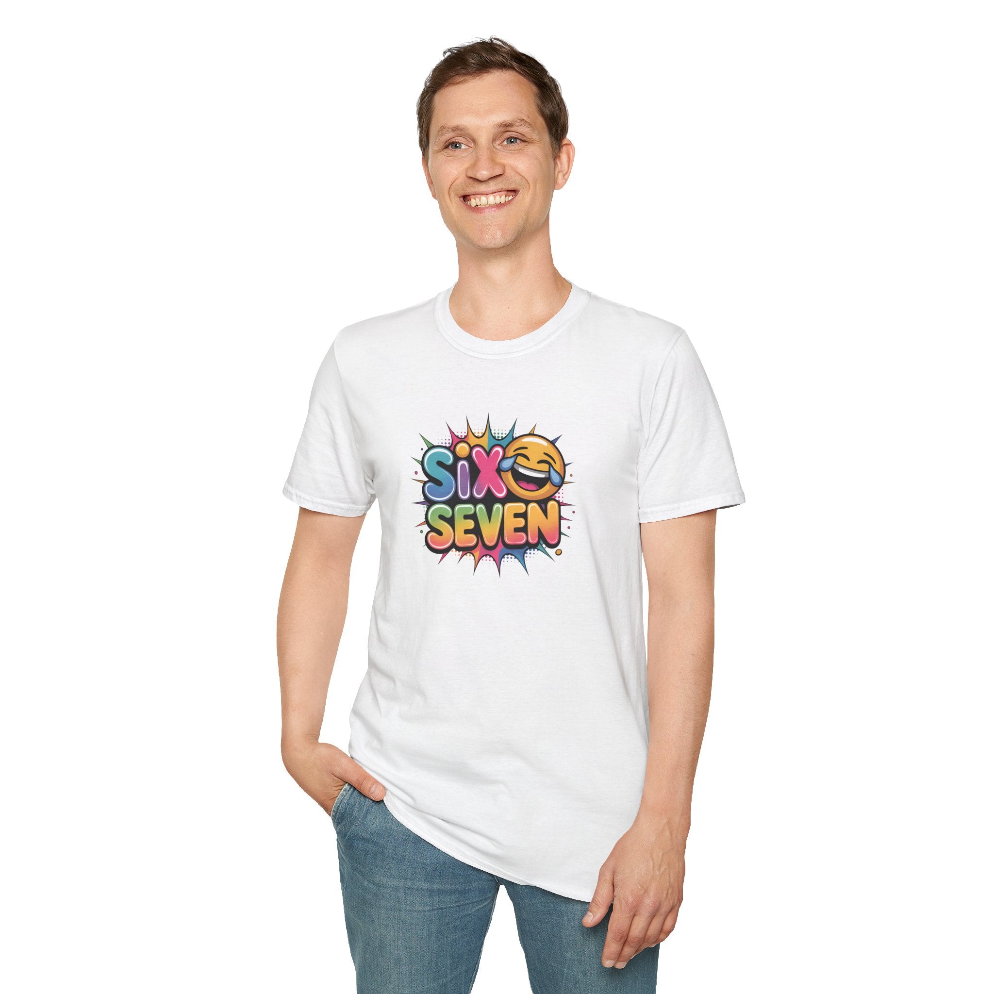White Graphic Tee - 6 7 Meme with Laughing Emoji Design