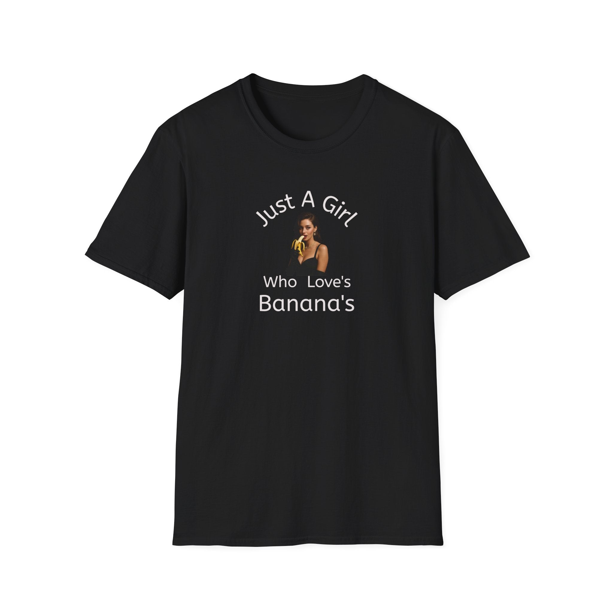 Black t-shirt with graphic and text 'Just A Girl Who Loves Banana's' on a white background