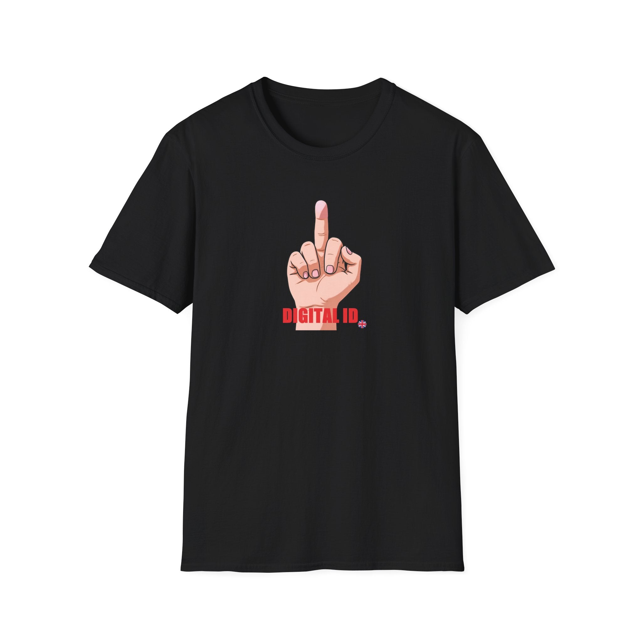 Black t-shirt with a graphic of a hand making a middle finger gesture and 'DIGITAL ID' text on a white background
