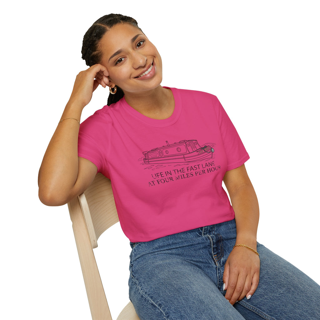 Fat Boris Canal Boat T-Shirt — "Life in the Fast Lane at Four Miles Per Hour" Vintage Narrowboat Tee