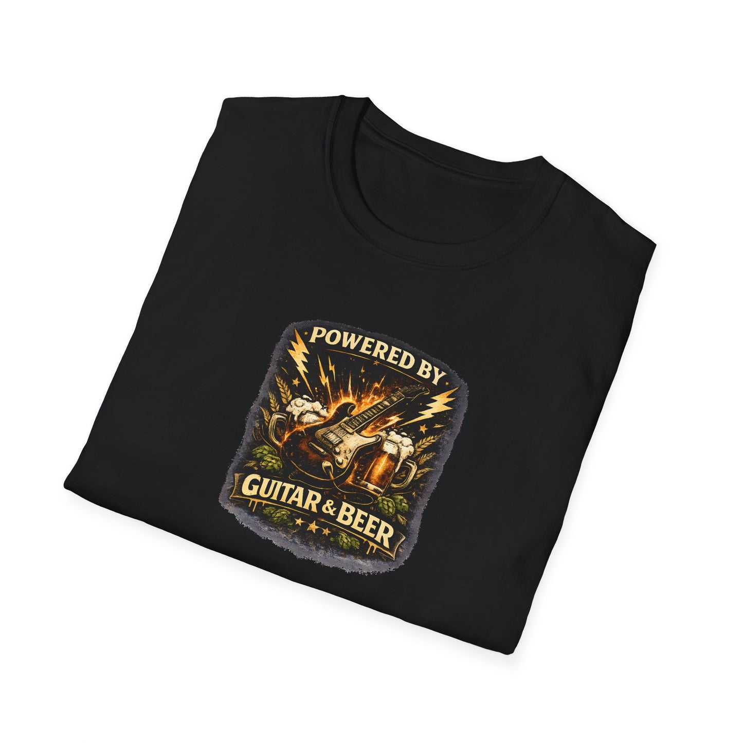 Black t-shirt with 'Powered by Guitar & Beer' graphic on a white background