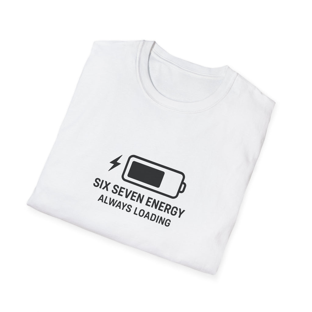 Folded White t-shirt with black six seven  graphic and text on a white background