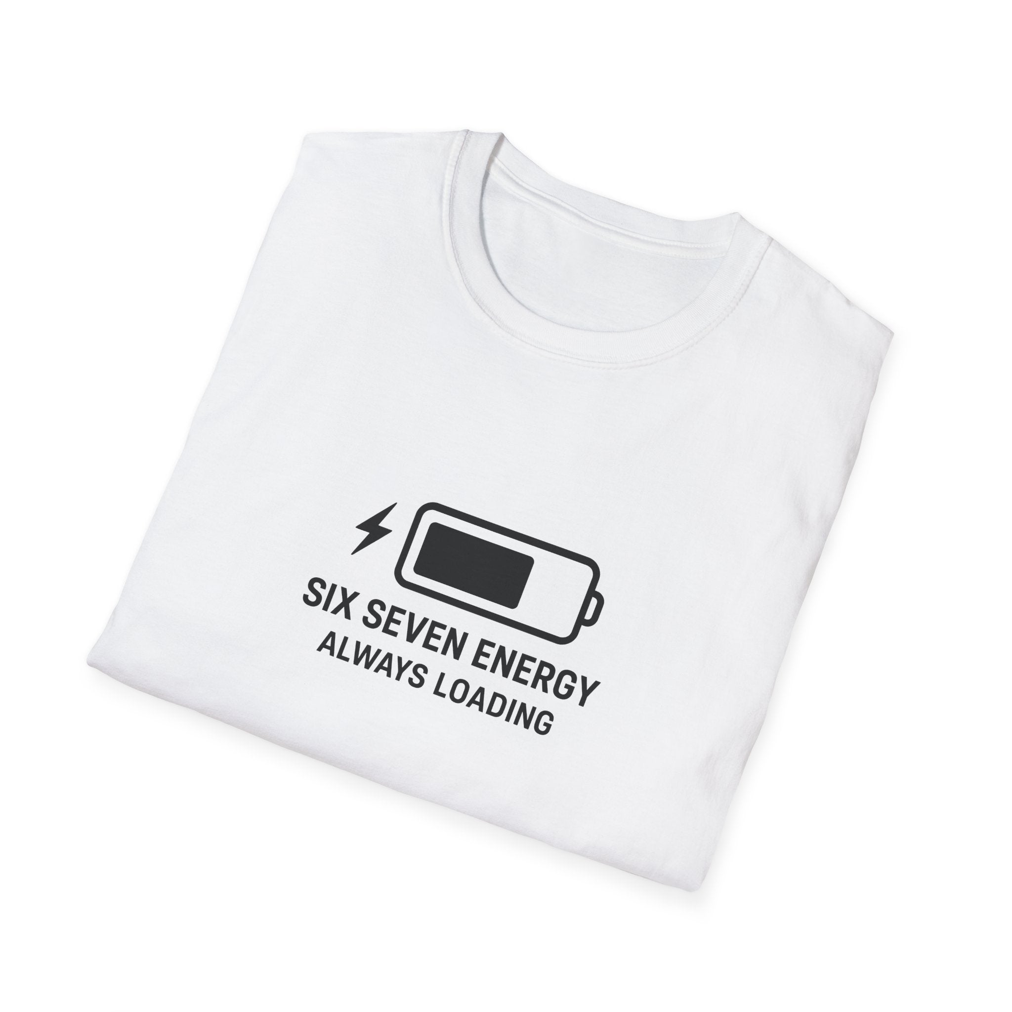 Folded White t-shirt with black six seven  graphic and text on a white background