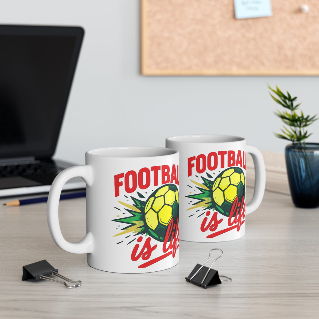 Football is life graphic white ceramic coffee mug