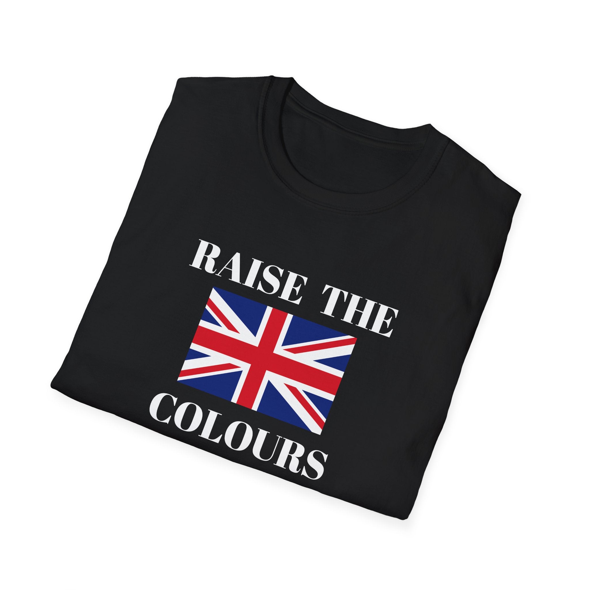 Folded black t shirt with Union Jack and raise the colours message