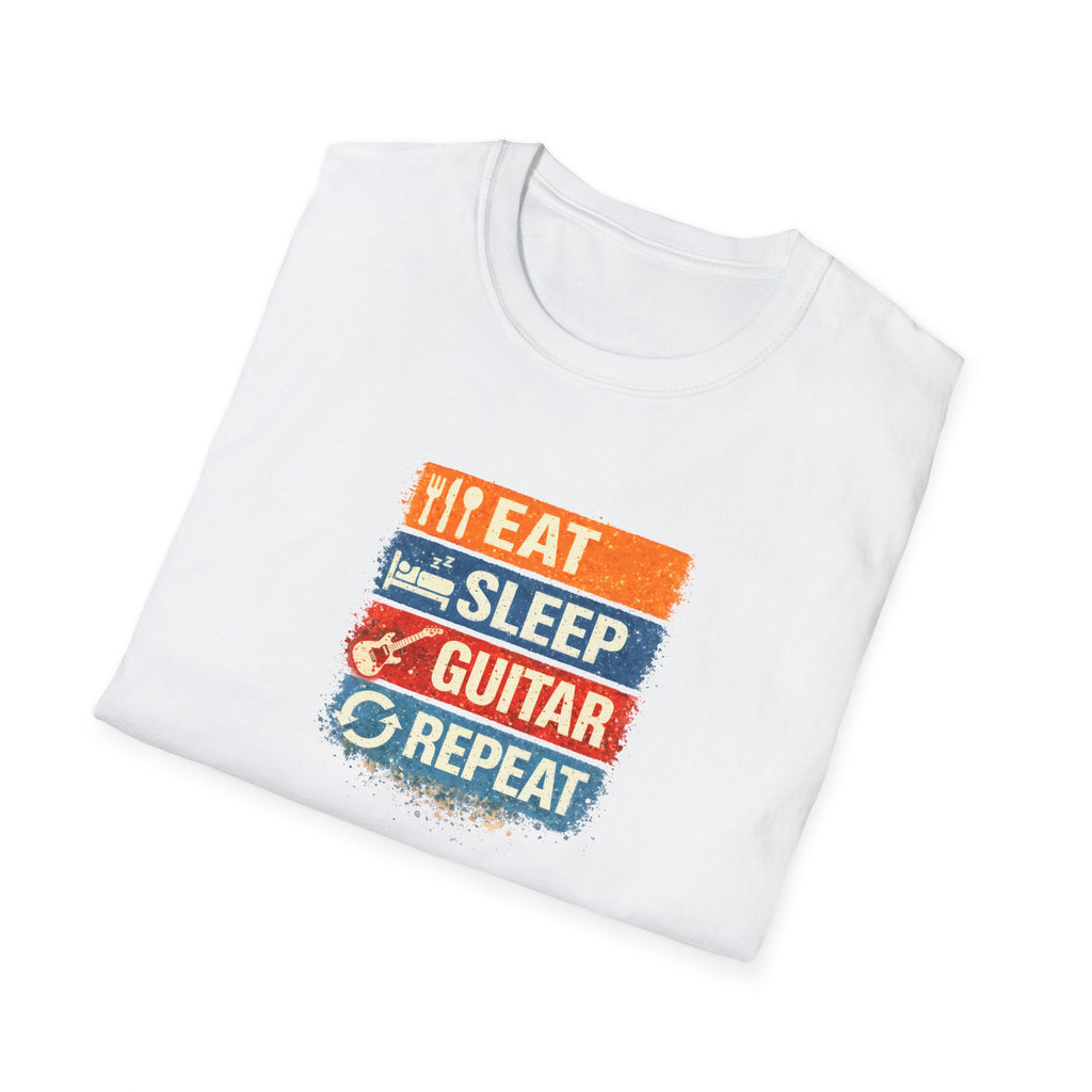 White t-shirt with colorful graphic and text 'EAT SLEEP GUITAR REPEAT' on a white background