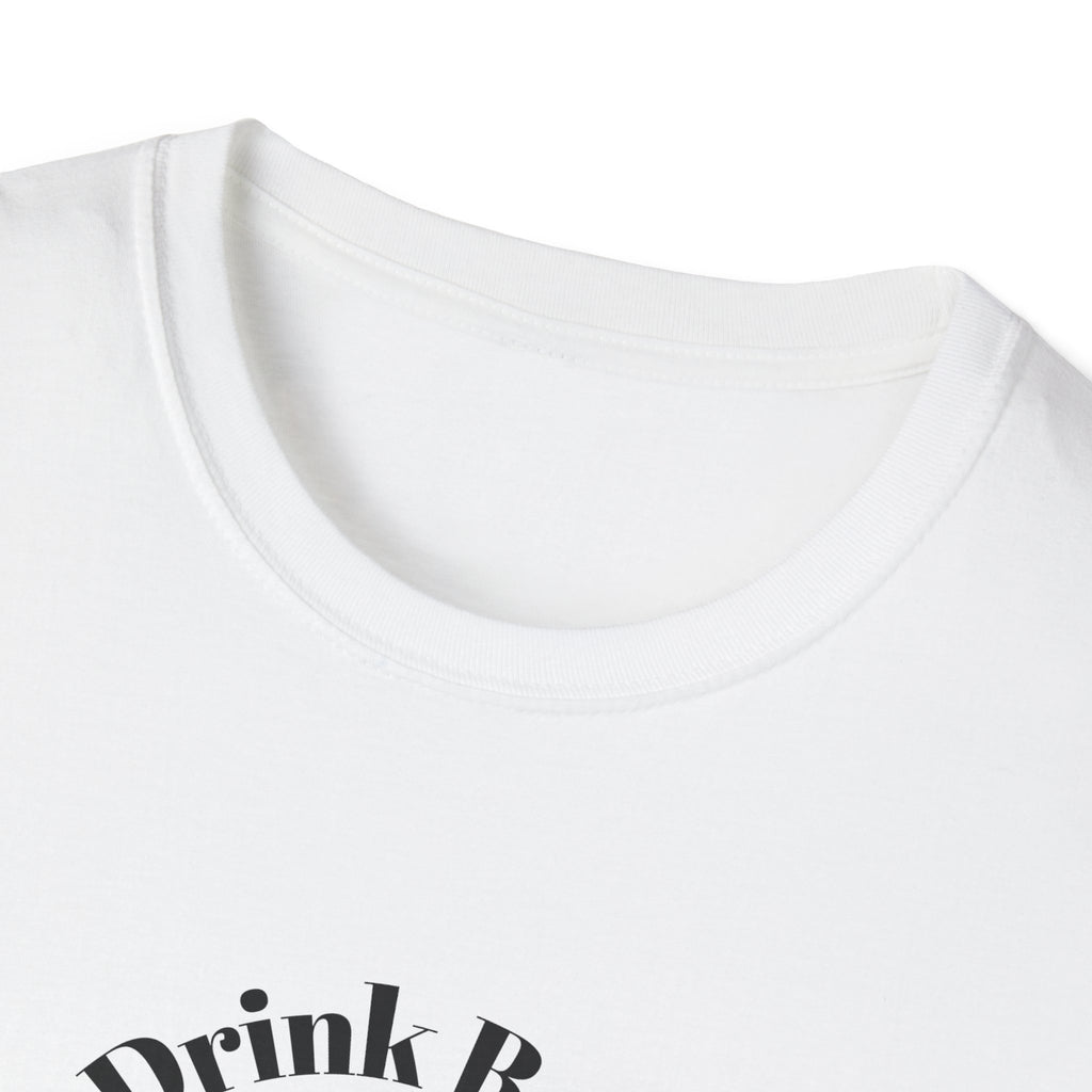 White t-shirt with 'Drink R' text on a white background