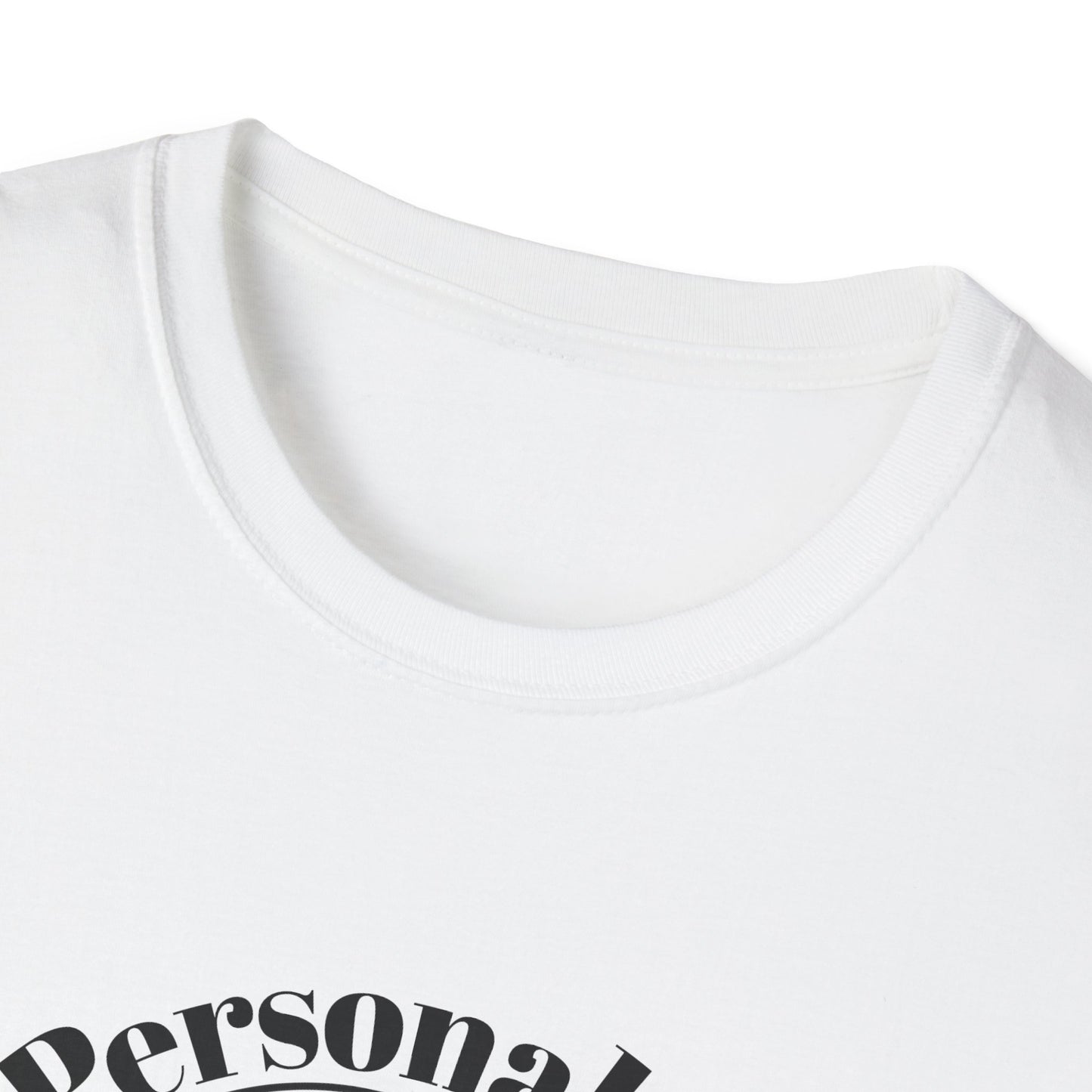 Close-up of a white t-shirt Jackson lamb slow horses graphic with 'Personal' text on a white background