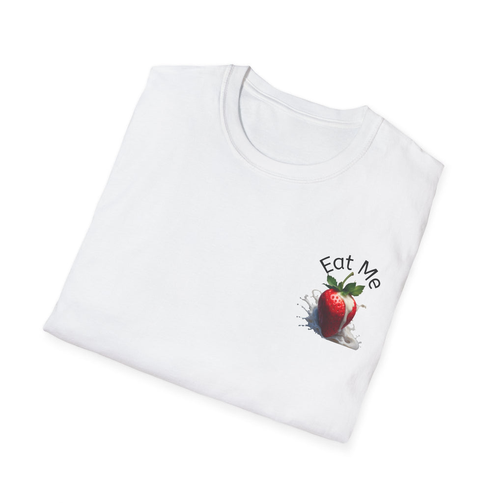 White t-shirt with a strawberry graphic and 'Eat Me' text on a white background