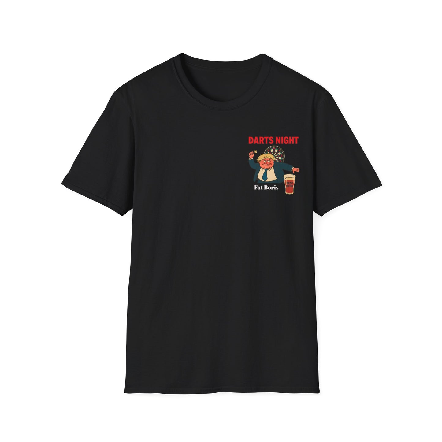Black t-shirt with a graphic  darts night design on a white background