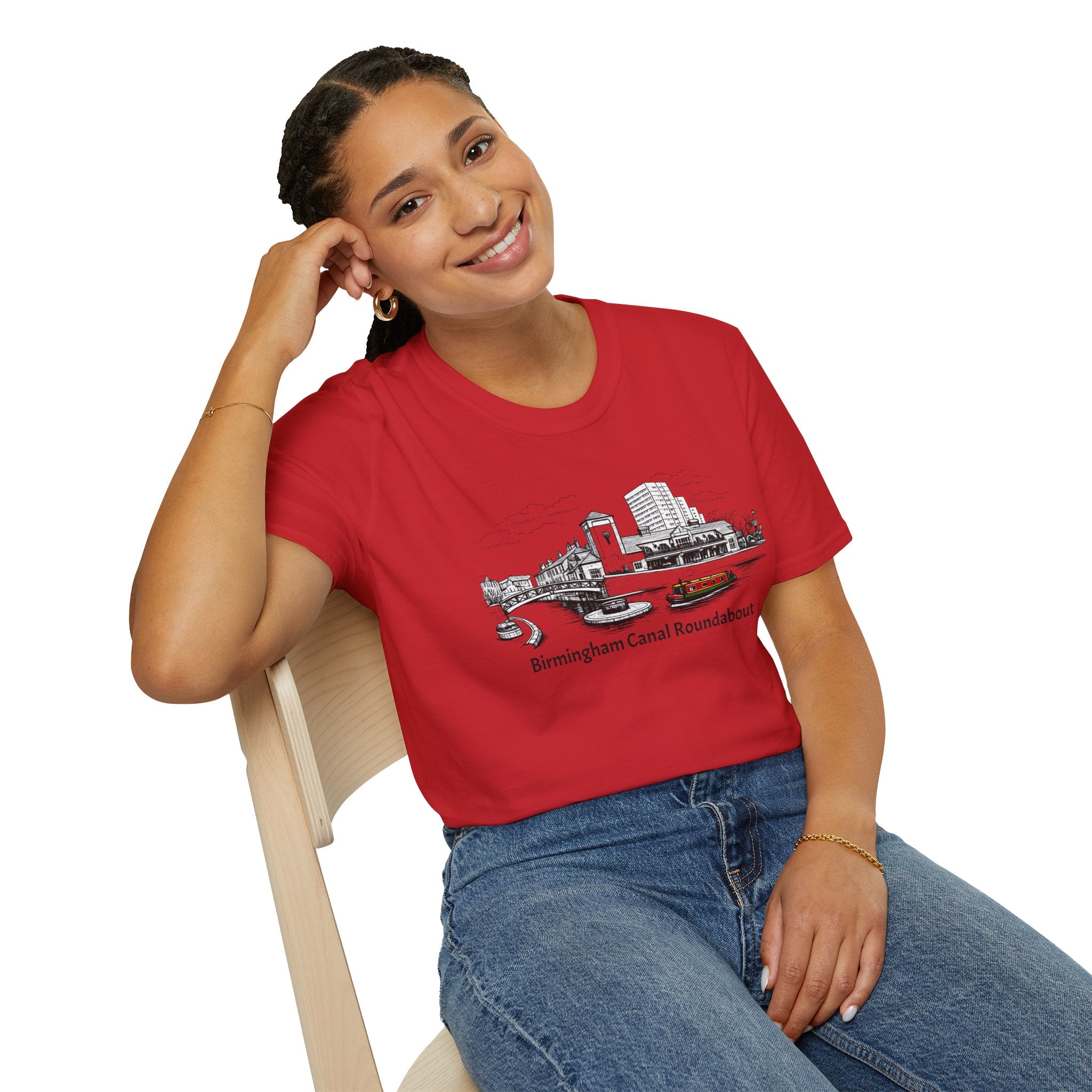  Birmingham Canal Roundabout T-shirt featuring a classic narrowboat illustration. Perfect for canal lovers, boaters, and Birmingham history fans.