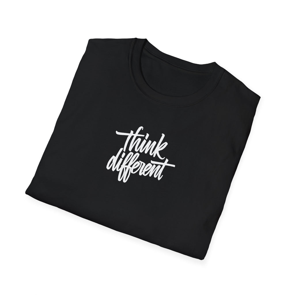 Folded Black t-shirt with 'think different' text on a white background