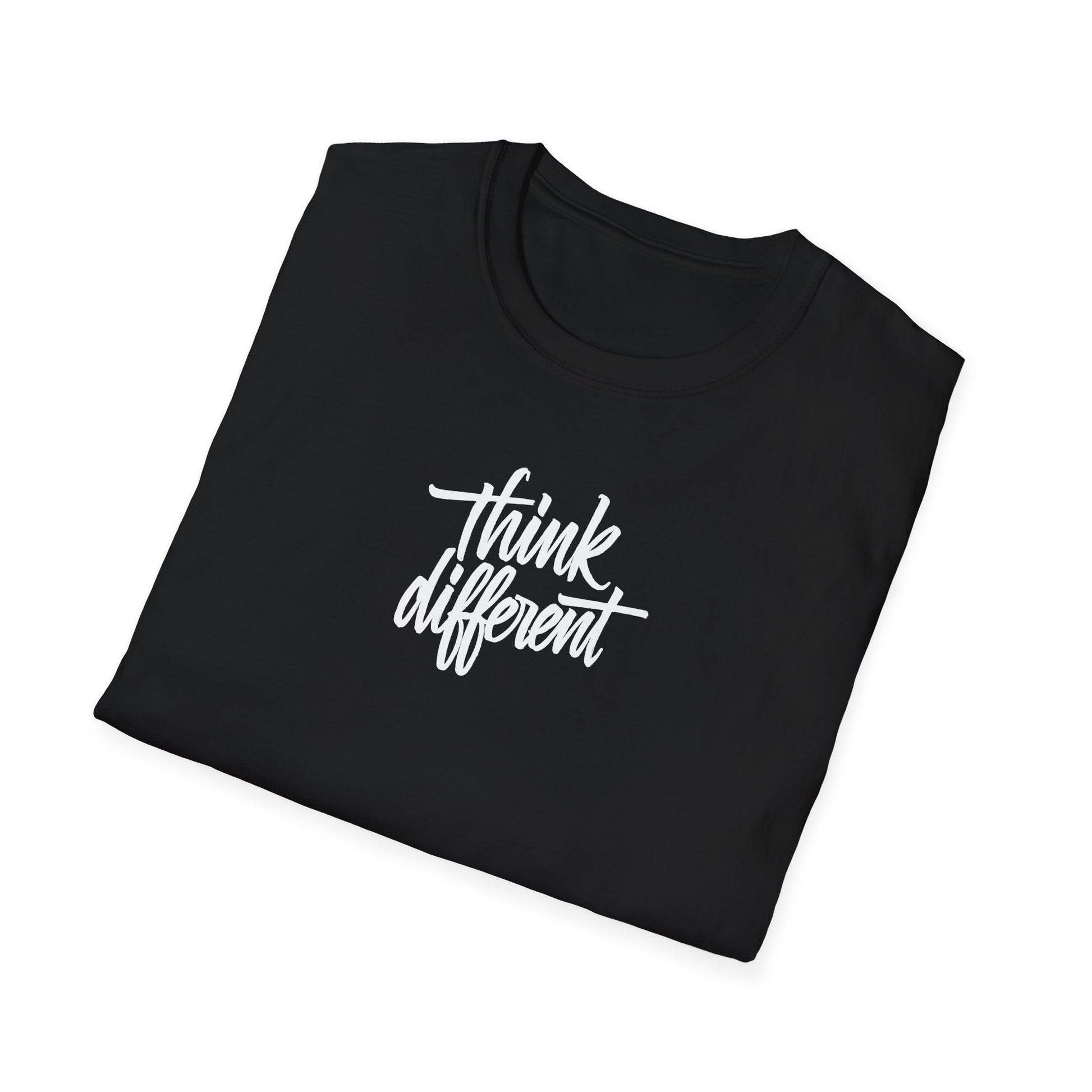 Folded Black t-shirt with 'think different' text on a white background