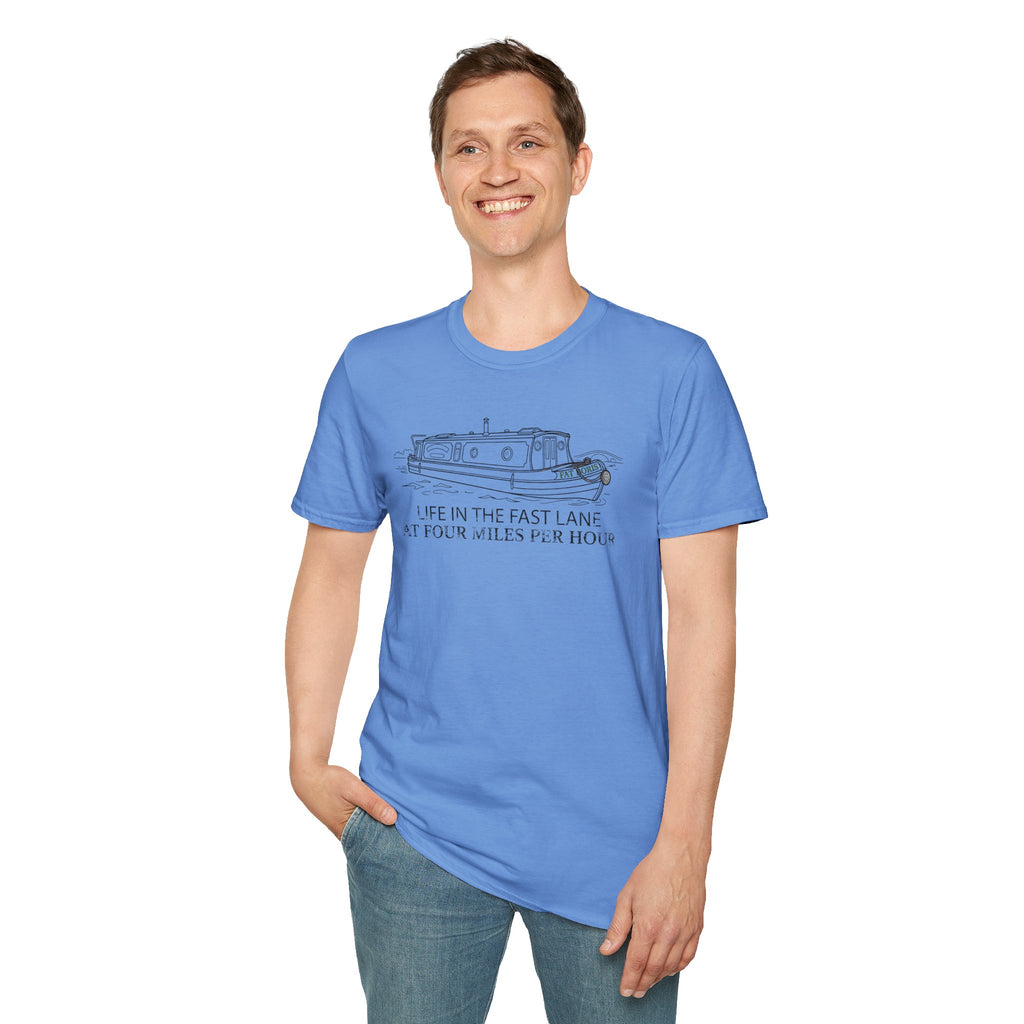 Fat Boris Canal Boat T-Shirt — "Life in the Fast Lane at Four Miles Per Hour" Vintage Narrowboat Tee