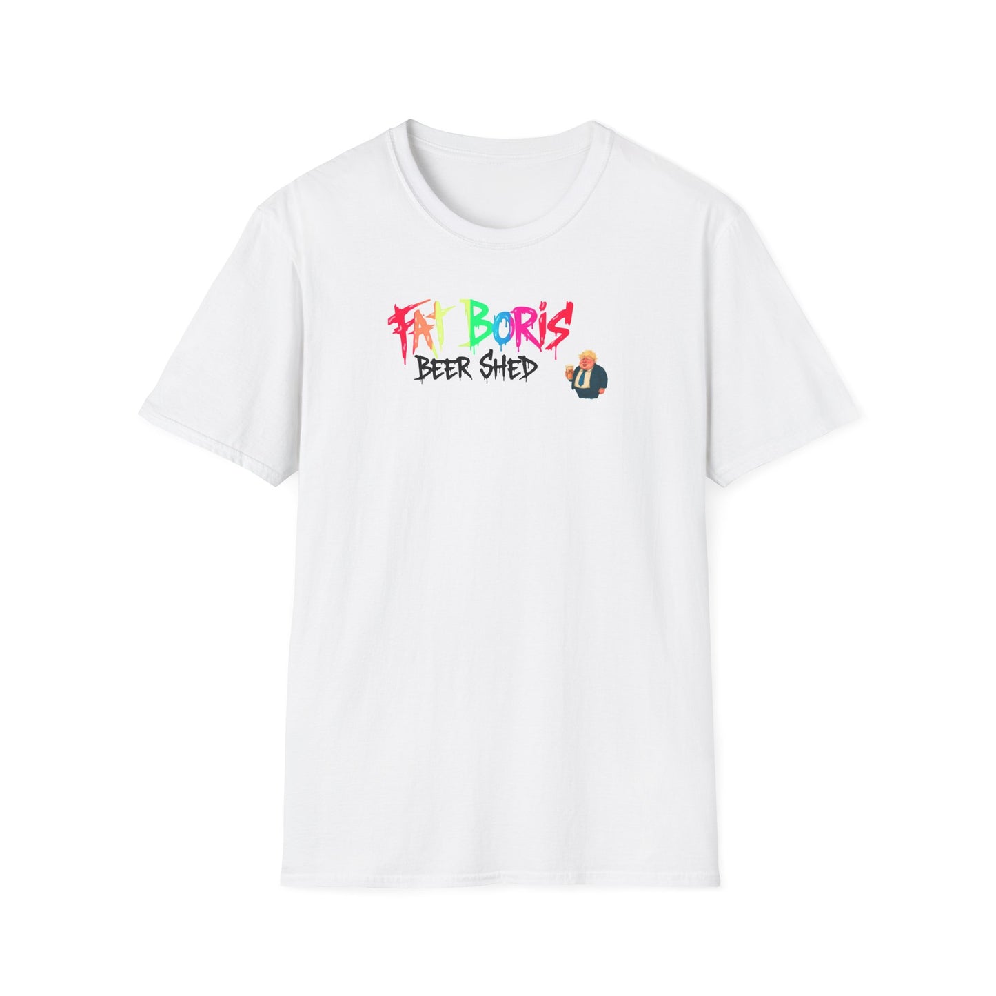 White Fat Boris Beer Shed Colourful Logo T-Shirt