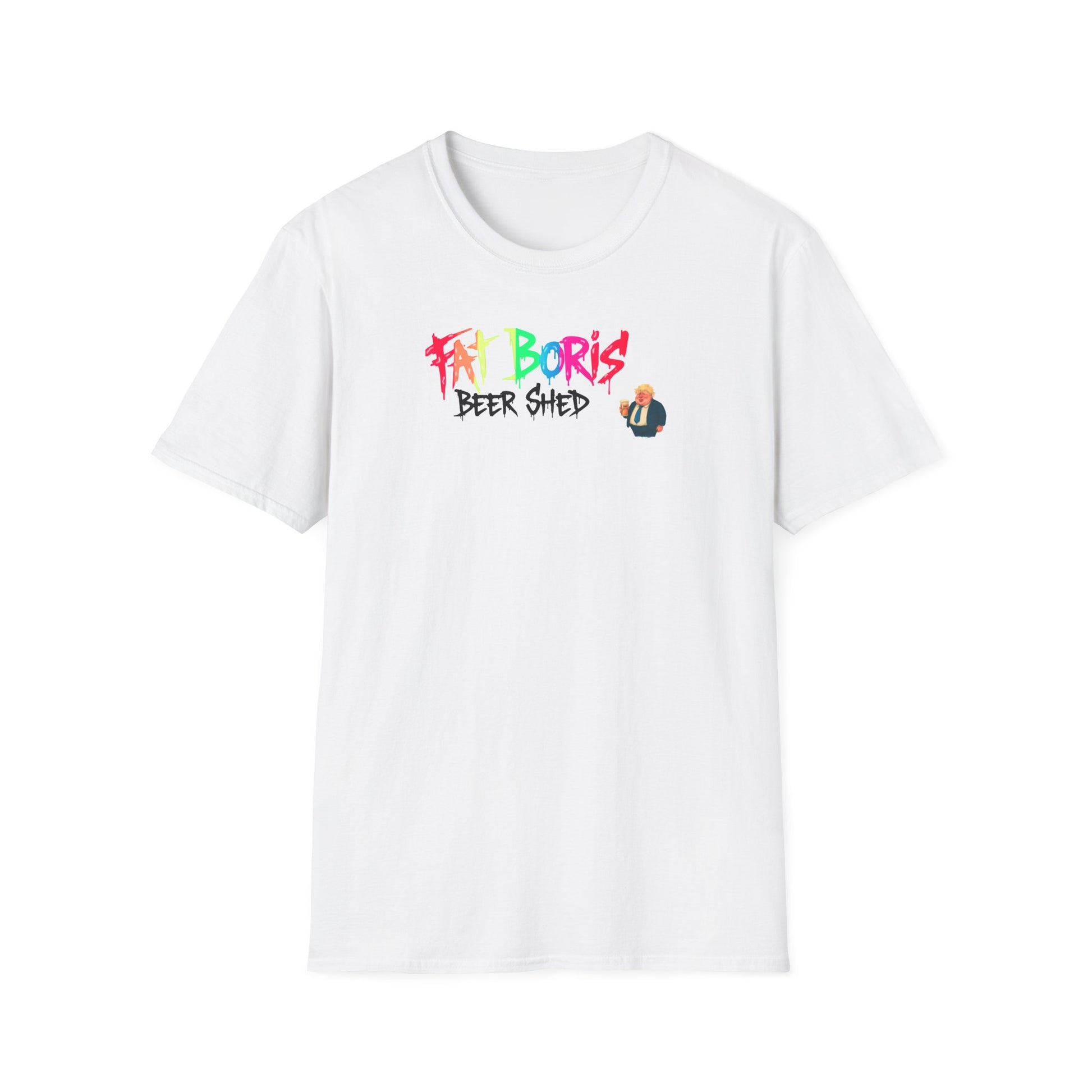 White Fat Boris Beer Shed Colourful Logo T-Shirt