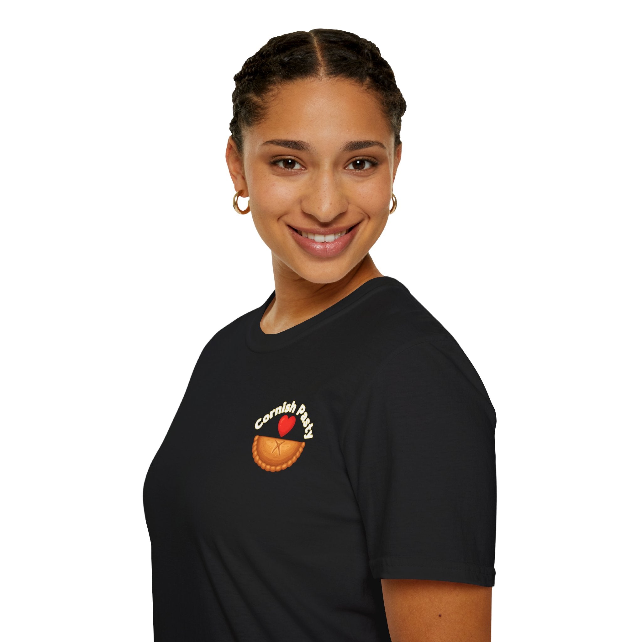 Woman standing wearing black t-shirt with a graphic design, I love Cornish pasty on a white background 