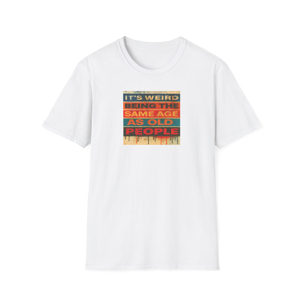 White t-shirt with colorful text design on a white background