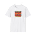 White t-shirt with colorful text design on a white background