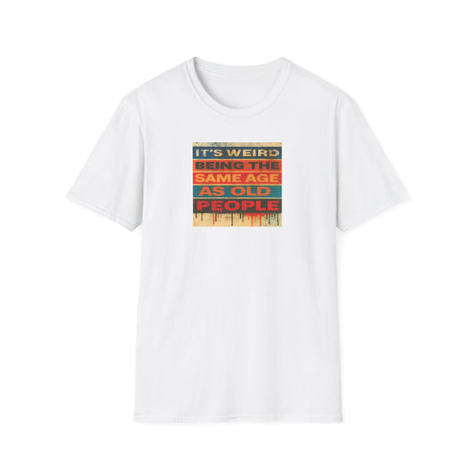 White t-shirt with colorful text design on a white background