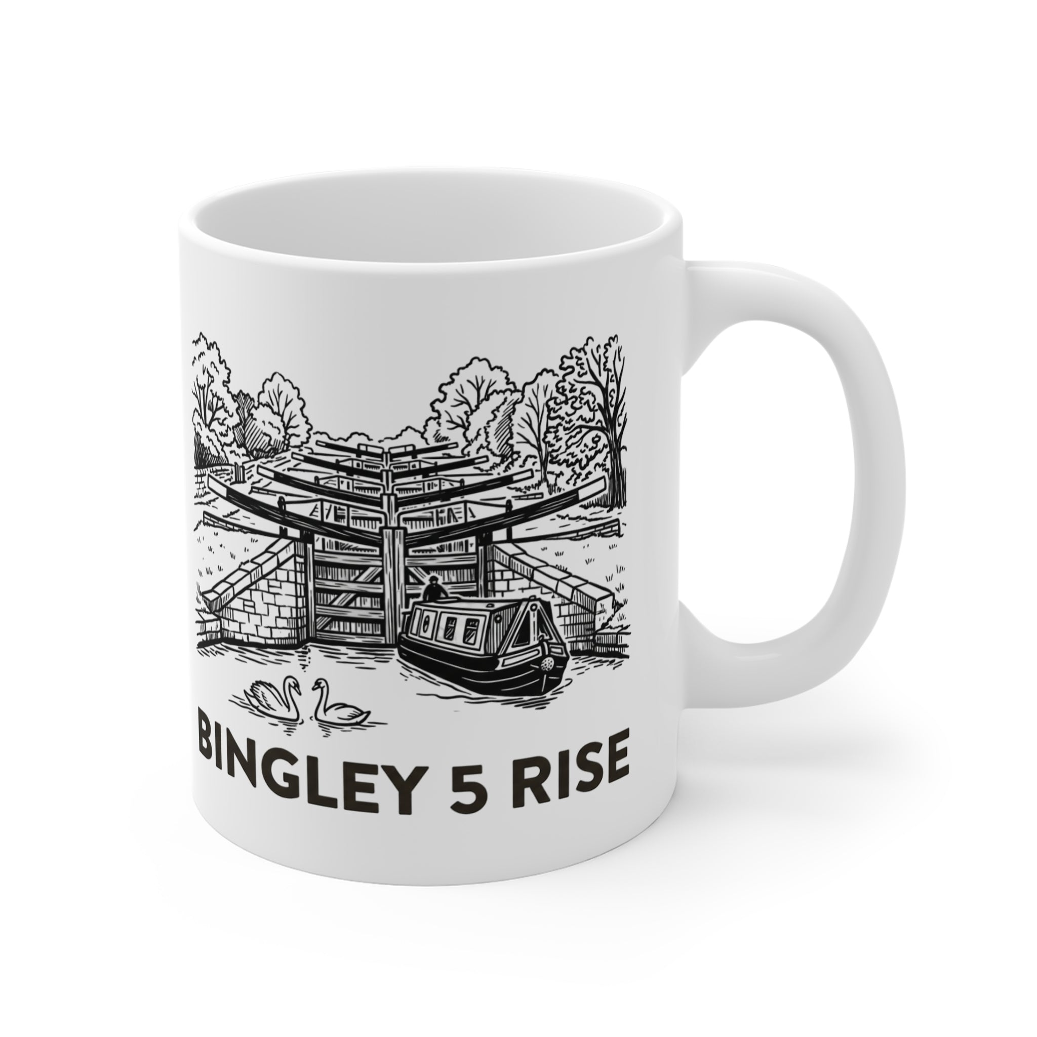 Bingley 5 Rise Locks Canal  White Mug — Narrowboat & Historic Lock Illustration Coffee Cu