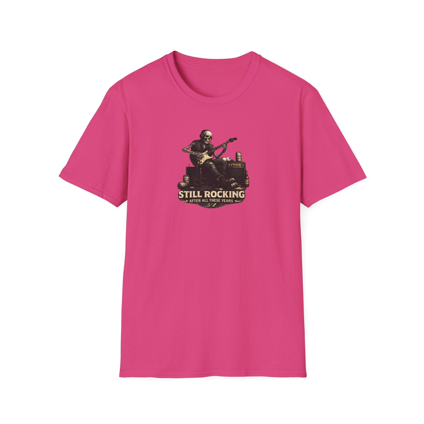 Pink t-shirt with a graphic design of a person playing guitar and text 'Still Rocking' on a white background.