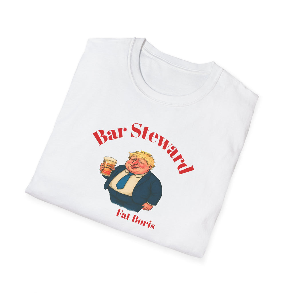 folded White t-shirt with 'Bar Steward Fat Boris' graphic on a white background