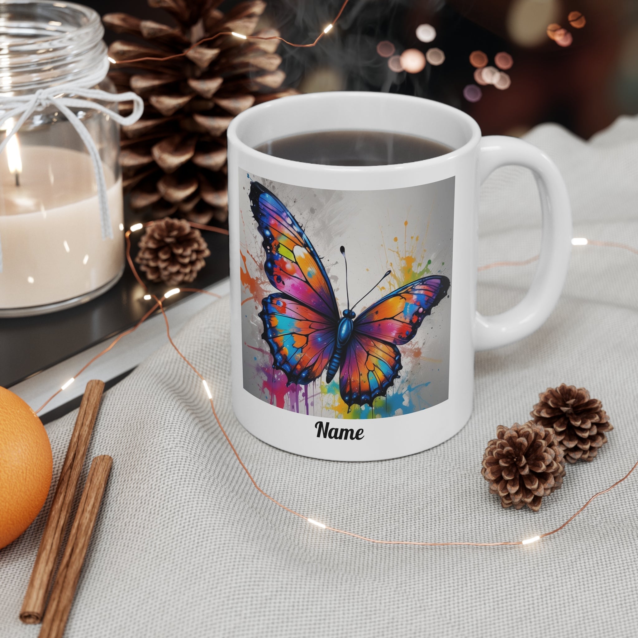 Colourful Watercolor Paint Splash Butterfly Mug — Personalised Name Coffee Cup 