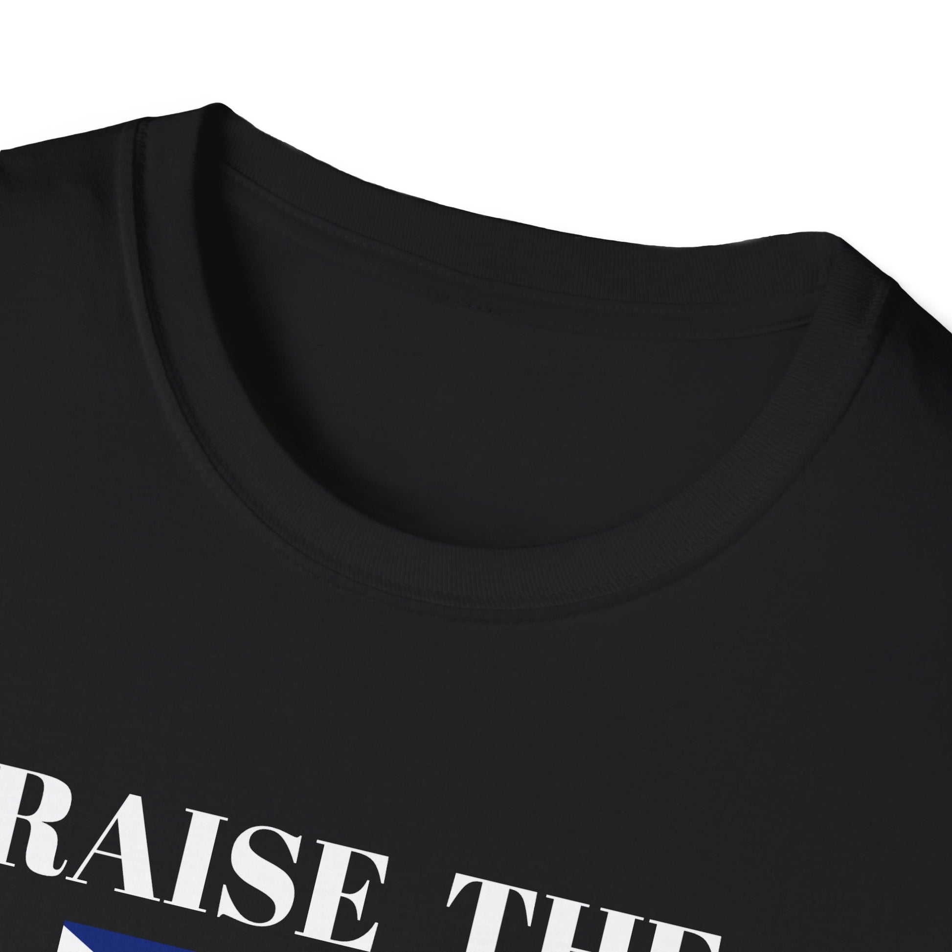 Collar view black t shirt with Union Jack and raise the colours message