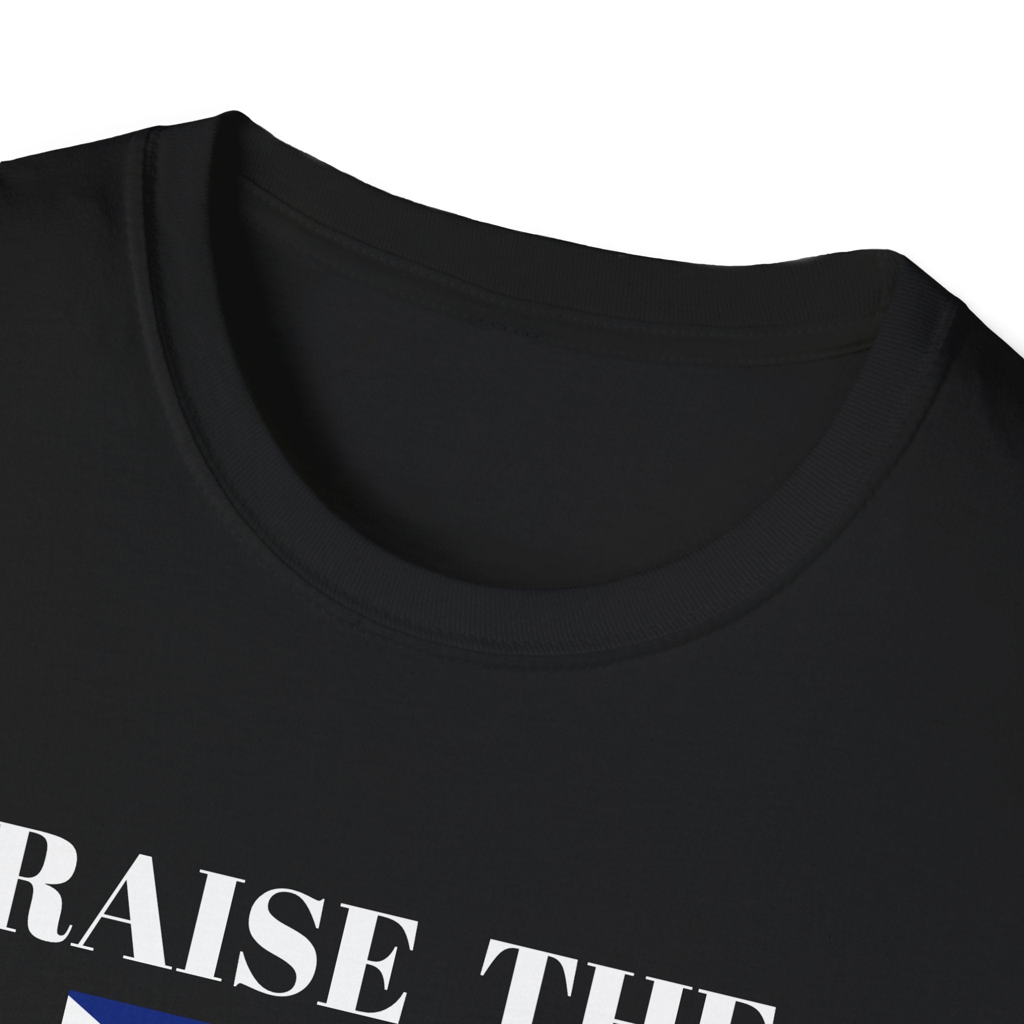 Collar view black t shirt with Union Jack and raise the colours message