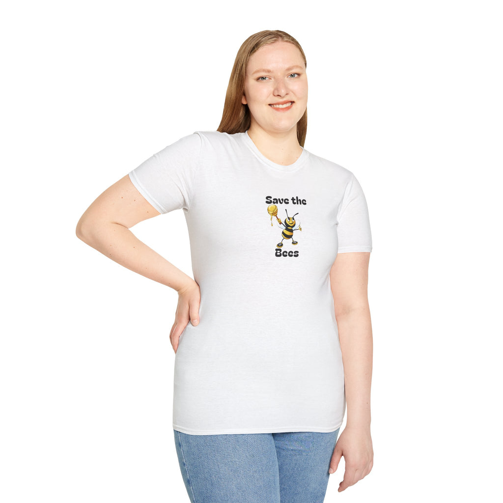 Person wearing a white t-shirt with a bee graphic and text on a white background