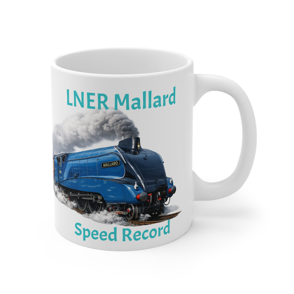 Mug with a blue steam locomotive and text 'LNER Mallard Speed Record' on a white background