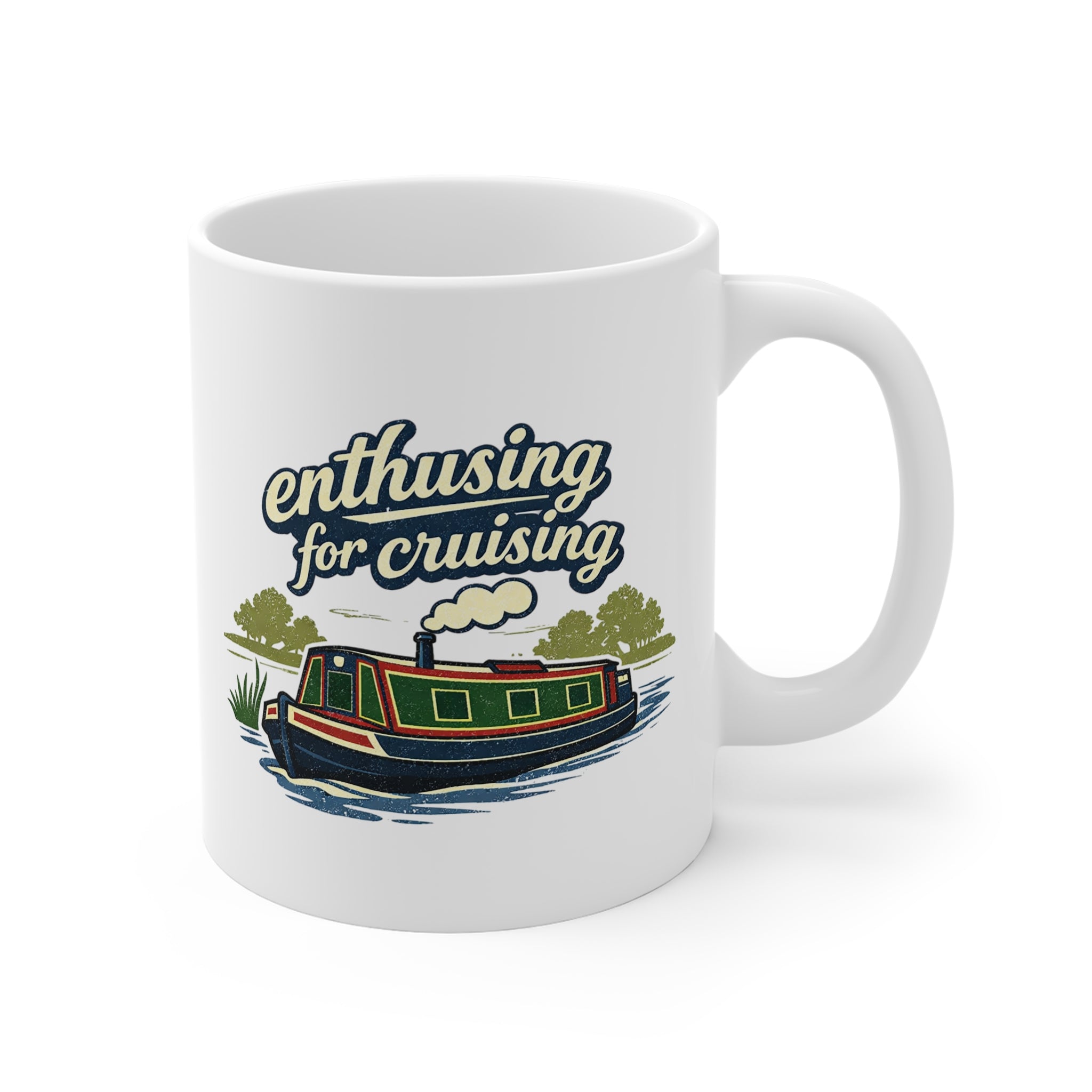 White mug with a boat illustration and 'enthusiastic for cruising' text on a white background