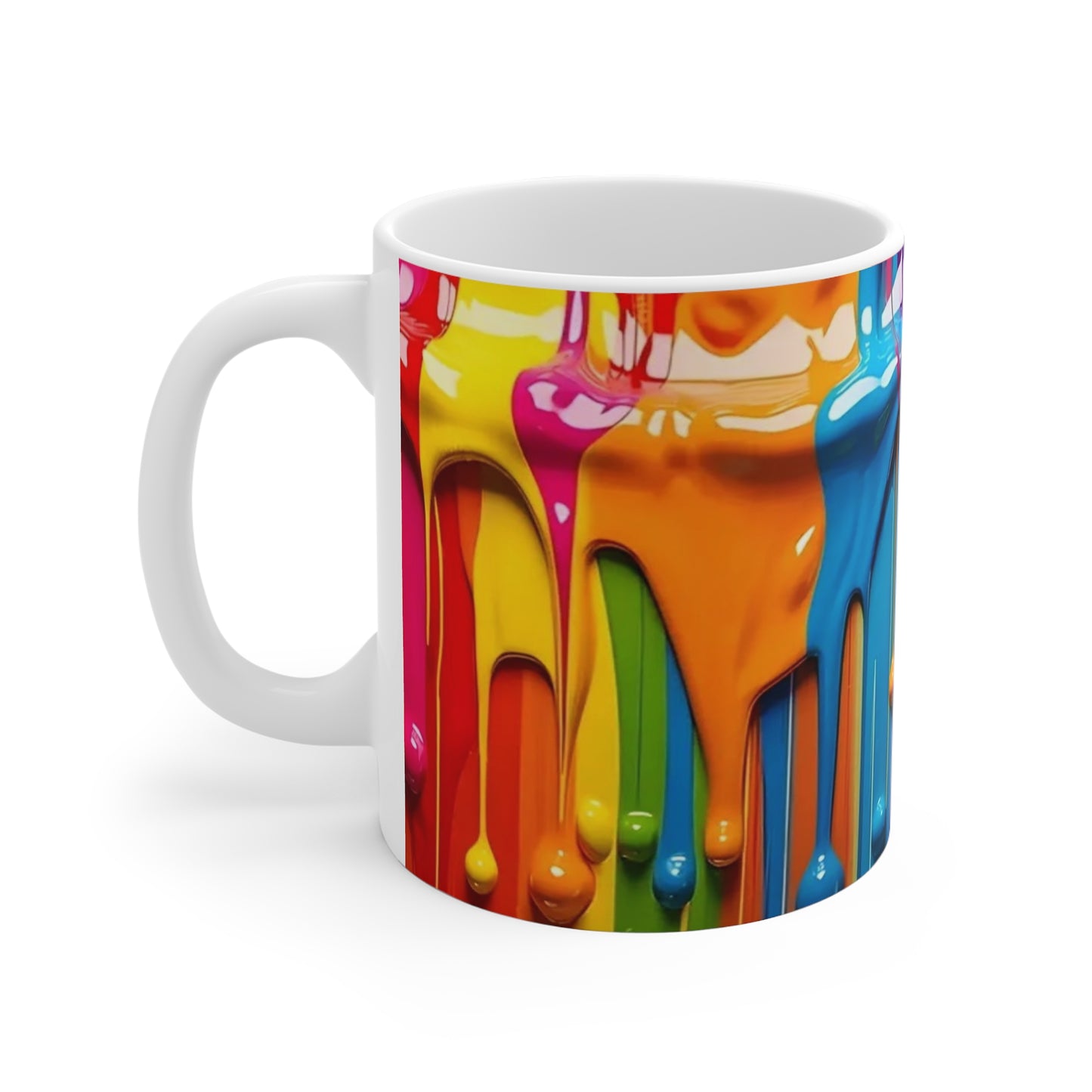 Colorful mug with a design of flowing paint colors on a white background