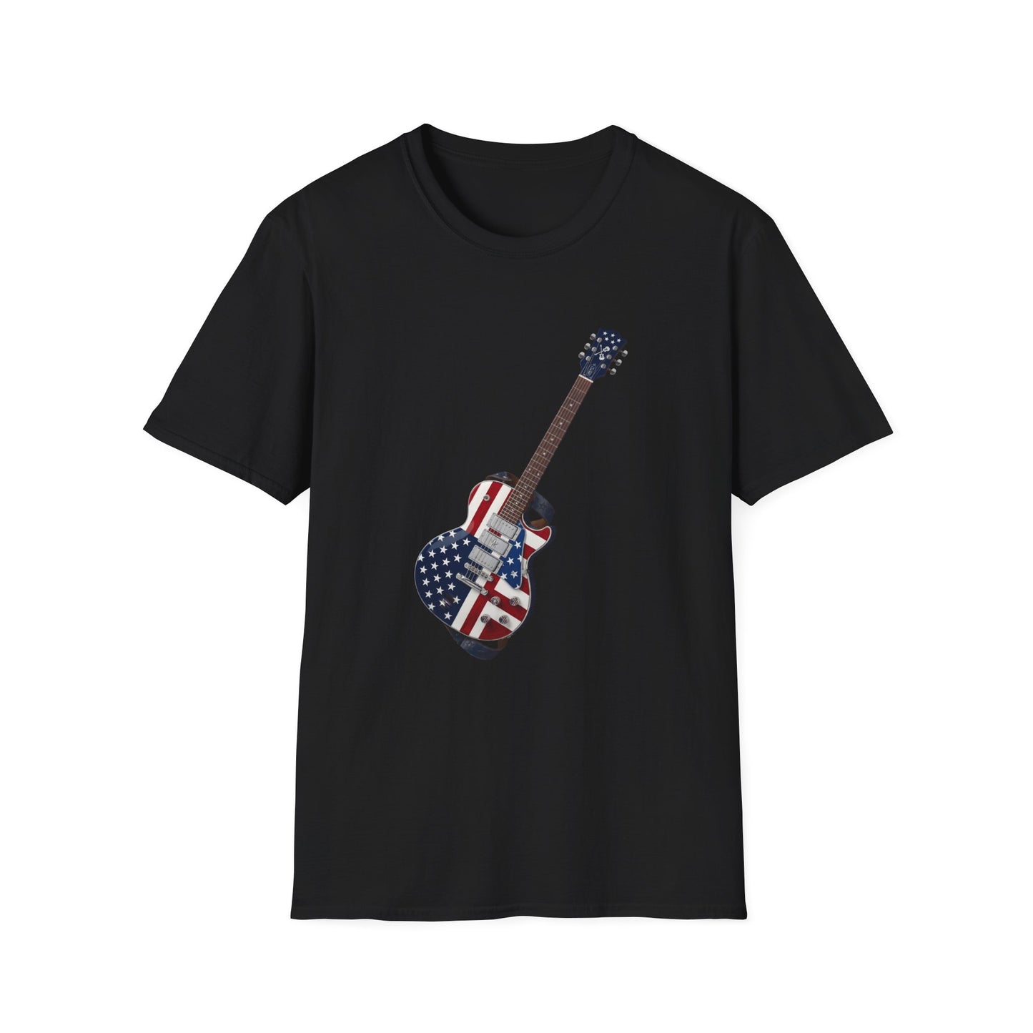 Black t-shirt with a guitar design featuring the American flag on a white background