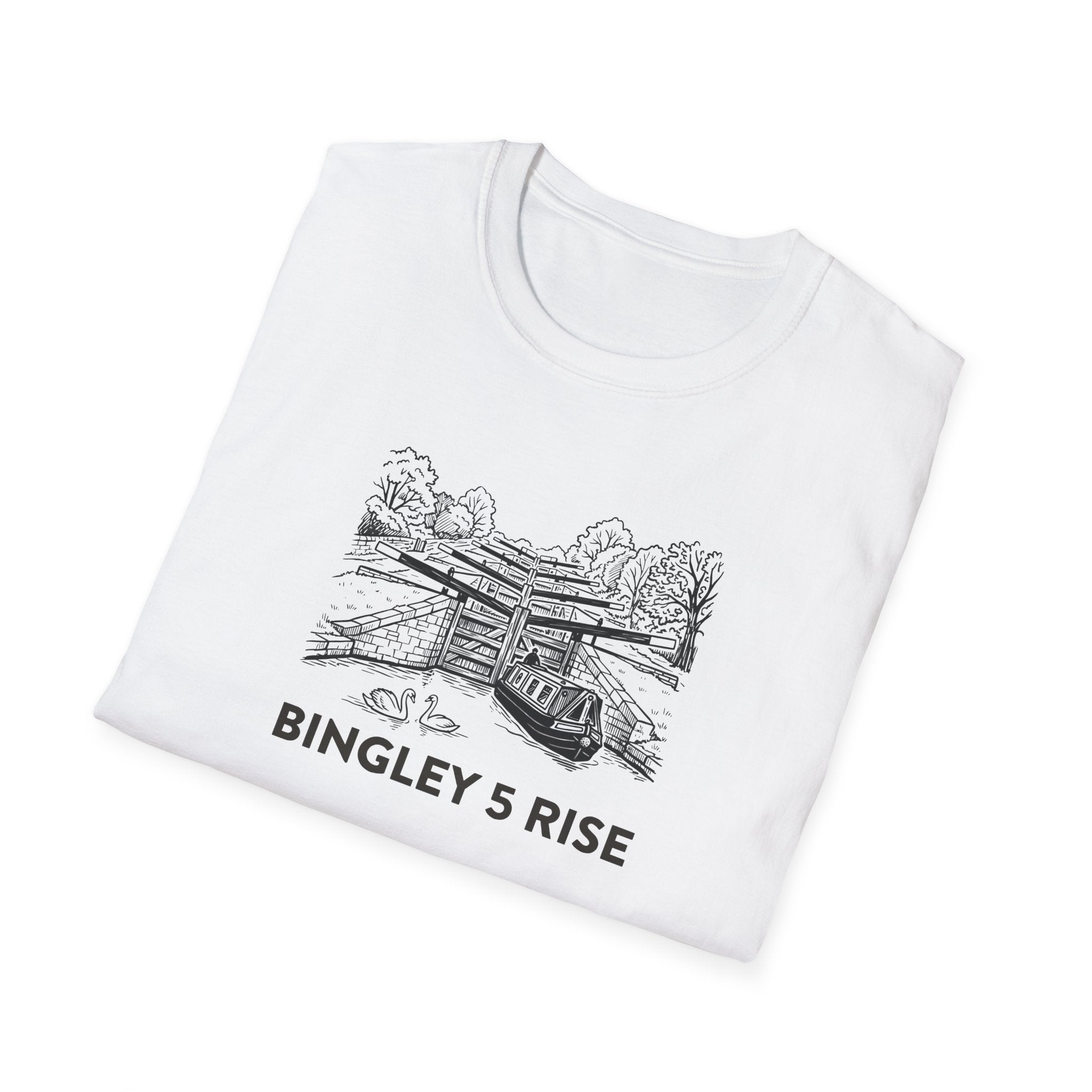 White t-shirt with black graphic and 'Bingley 5 Rise' text on a white background