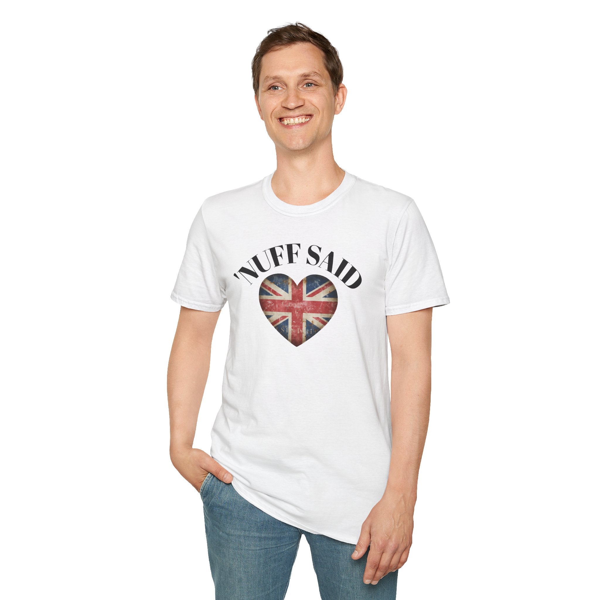 Person wearing a white t-shirt with a VINTAGE heart-shaped British flag design and text 'nuff said on a white background