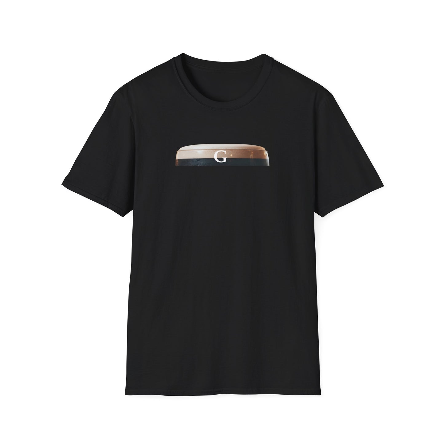Black t-shirt with a graphic GUINNESS G SPOT design on a white background