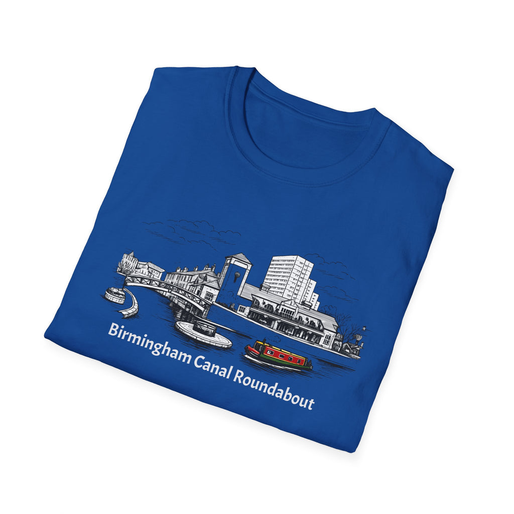 Folded blue t-shirt with a graphic of Birmingham Canal Roundabout on a white background