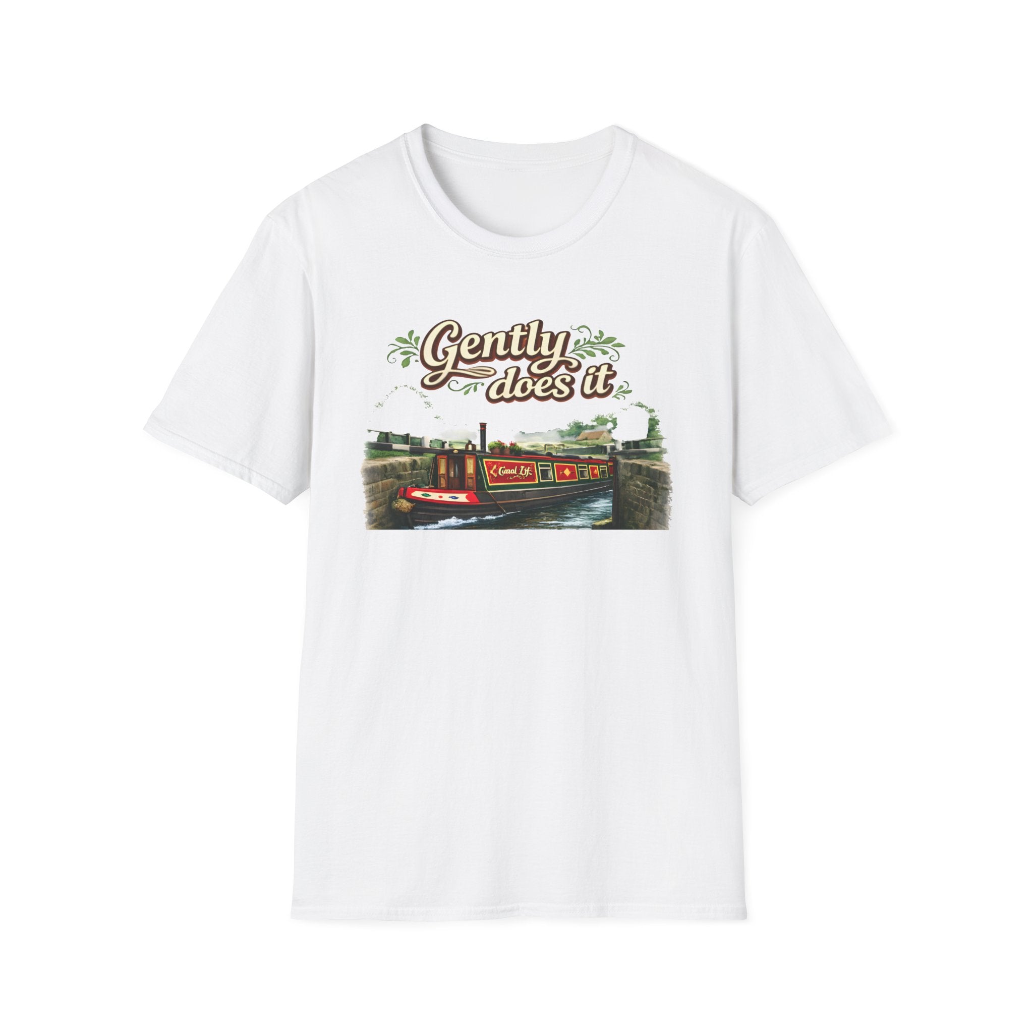 T-Shirt — "Gently Does It" Canal Boat Vintage Travel Tee Printify