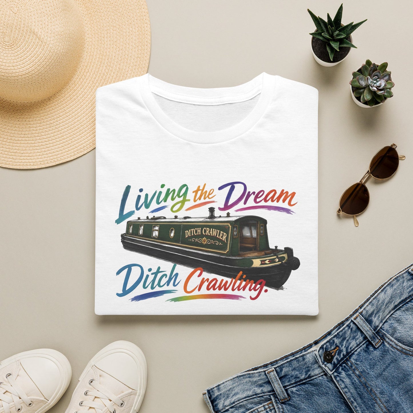 Living the Dream — Ditch Crawling Narrowboat T-Shirt Personalise Option Printify