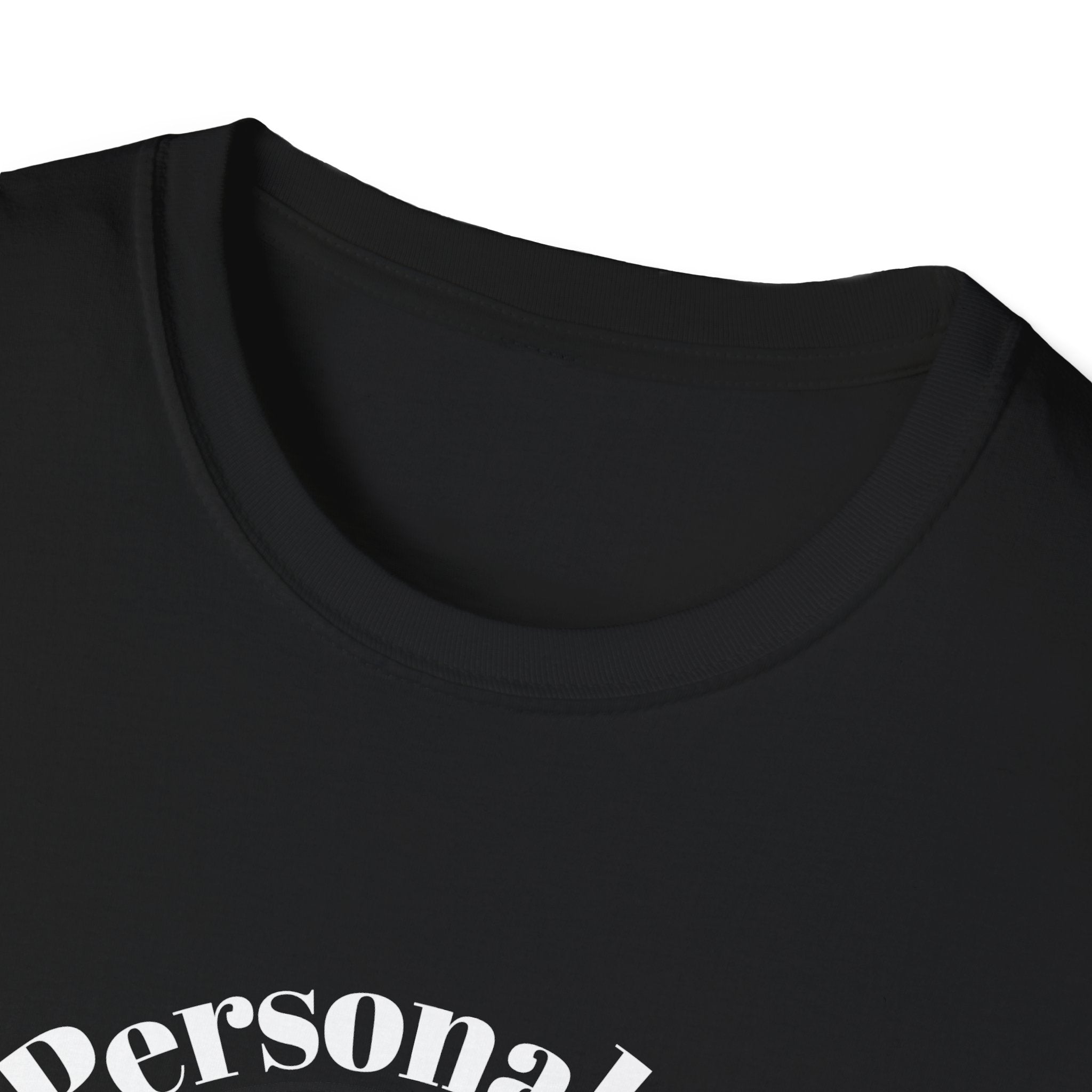 Close-up of a black t-shirt with white text on a white background