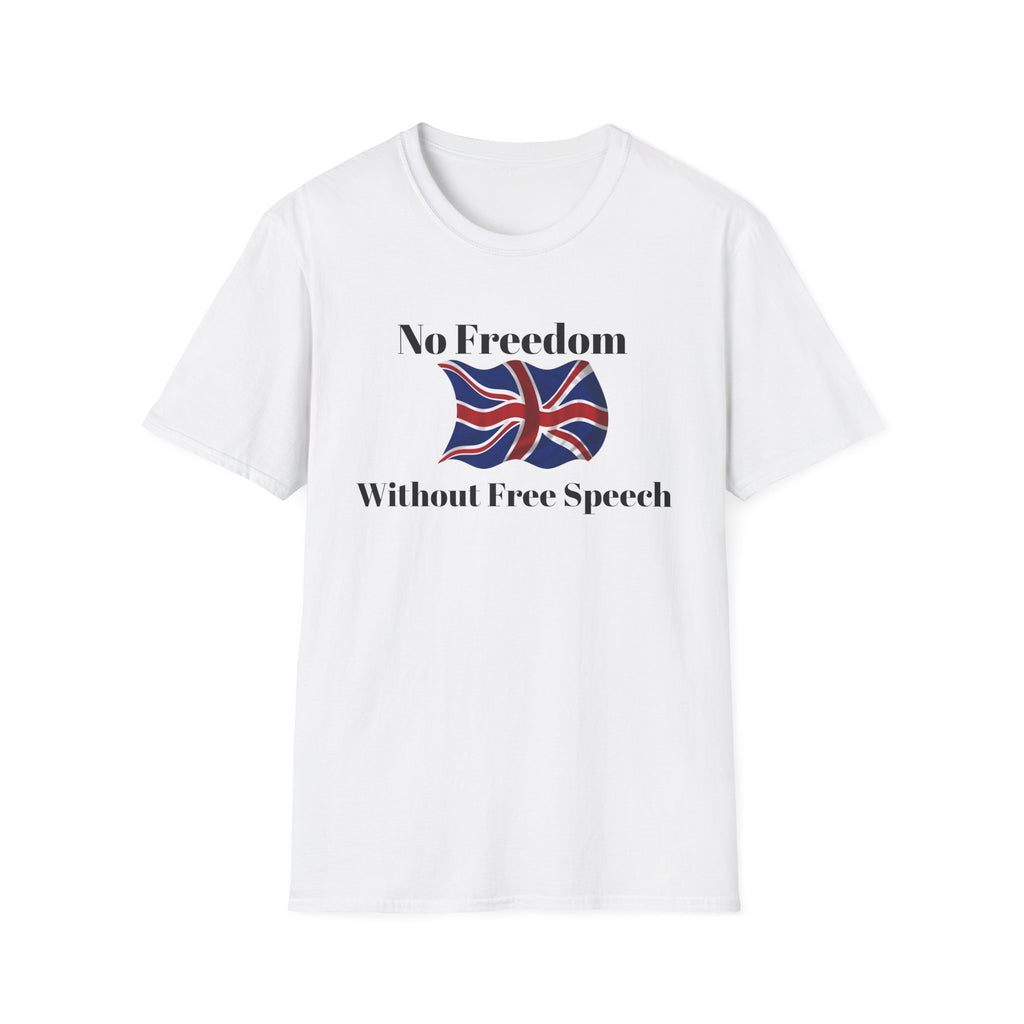 White t-shirt with a Union Jack design and text 'No Freedom Without Free Speech' on a white background