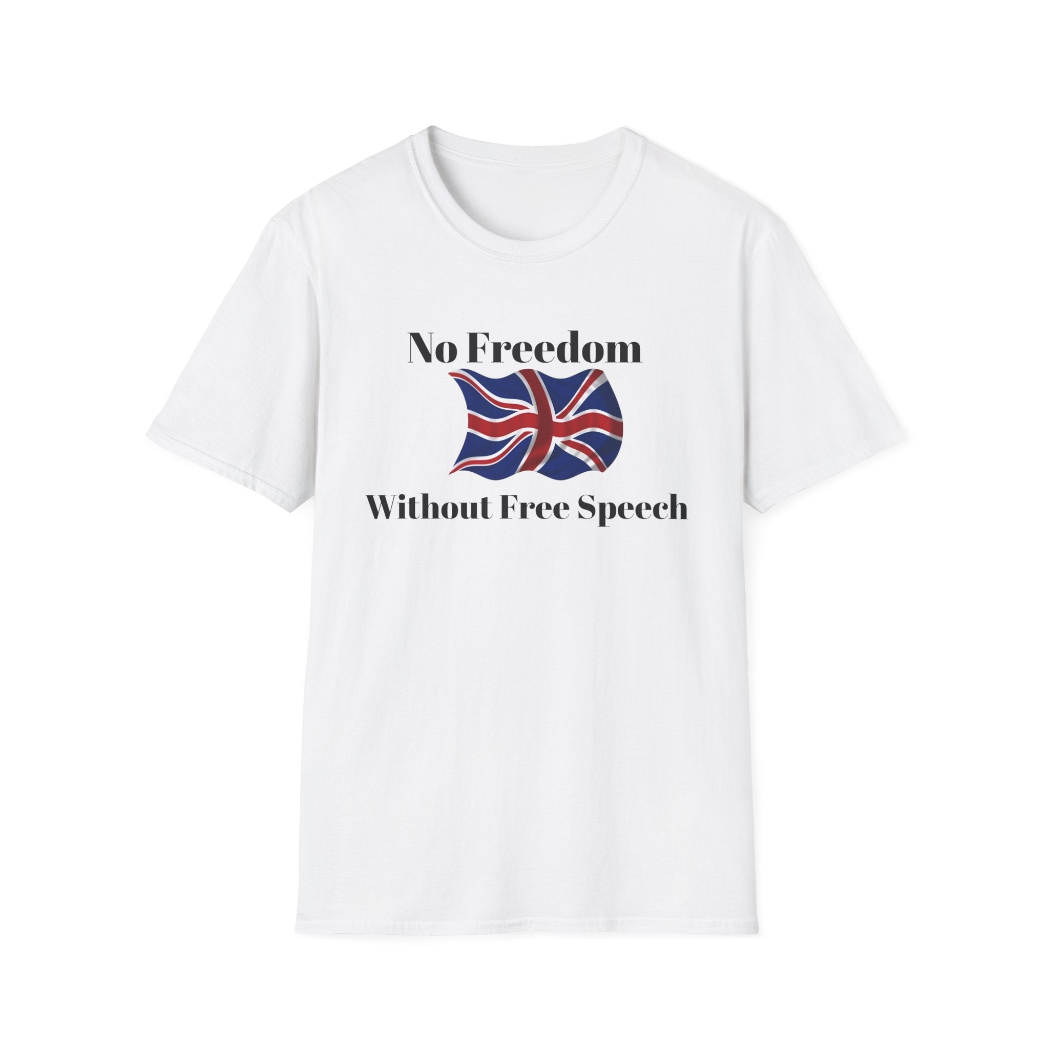 White t-shirt with a Union Jack design and text 'No Freedom Without Free Speech' on a white background